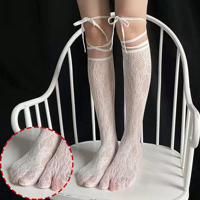 Lolita Lace Fishnet Socks Women Y2K Hollow Mesh Stockings Knee High Long Hosiery Female Cosplay Split Toe Strappy Sock