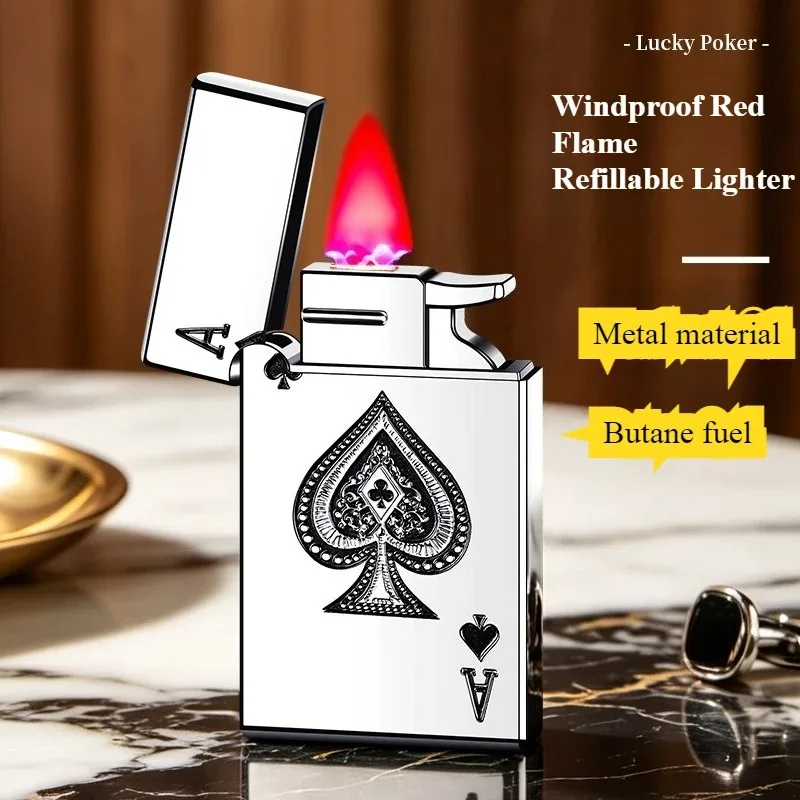 2026New Portable Metal Red Jet Flame Lighter, Refillable Gas Igniter, Creative Poker Pattern Cigarette Lighter, Smoking Men Gift