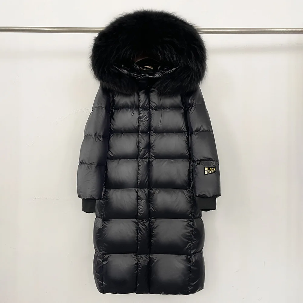 2025 الشتاء موضة أوزة طويلة أسفل سترة فو الفراء طوق مقنعين فضفاضة عادية سميكة الدافئة أسفل معاطف للنساء سترة منفوخة