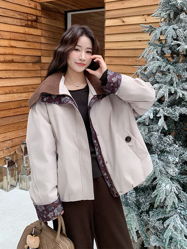 เสื้อพาร์กาผู้หญิงแบบลำลอง ถักลายปะติด  บุขนเป็ด  สำหรับฤดูหนาว  แบบมีซิป  ลายดอกไม้