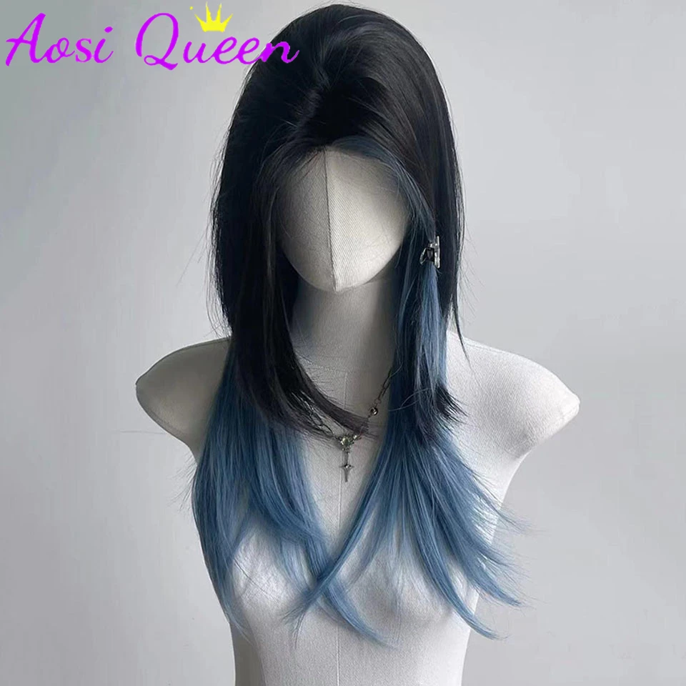 Synthetic Black And Blue Wolf Tail Wig Female Long Hair Summer Blue Highlighted Jellyfish Mullet Head Long Straight Hair Cos Wig