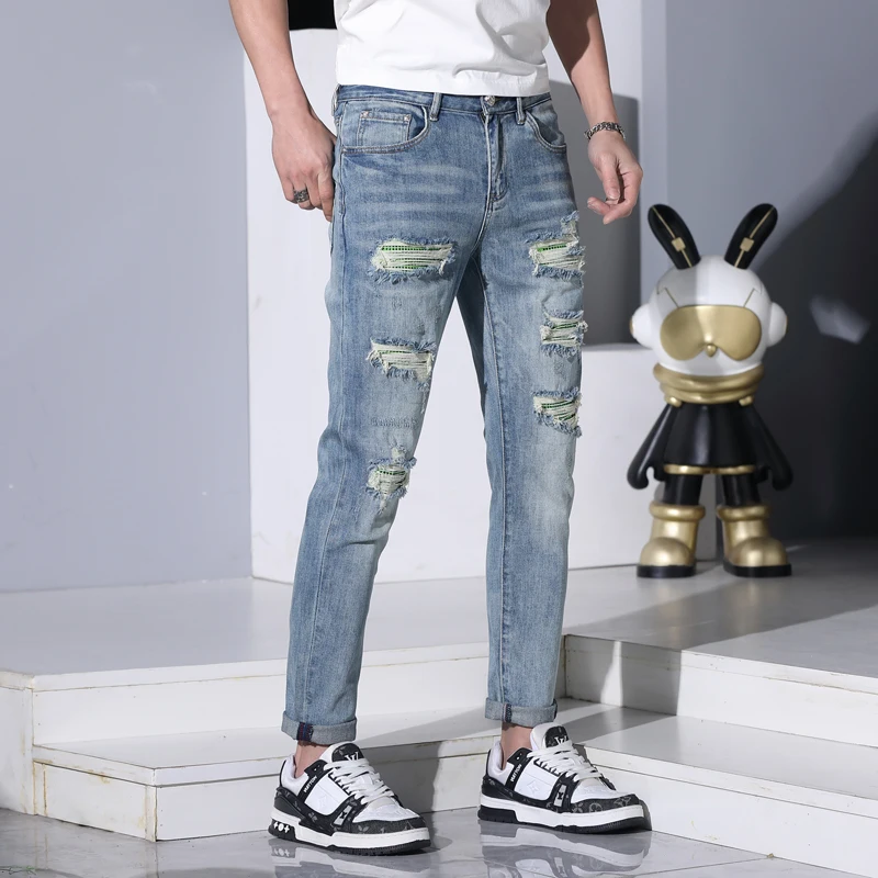 Ripped Jeans Men's Summer Thin Elastic Soft Comfortable Breathable Street Fashion Slim Fit Skinny Blue Casual Pants