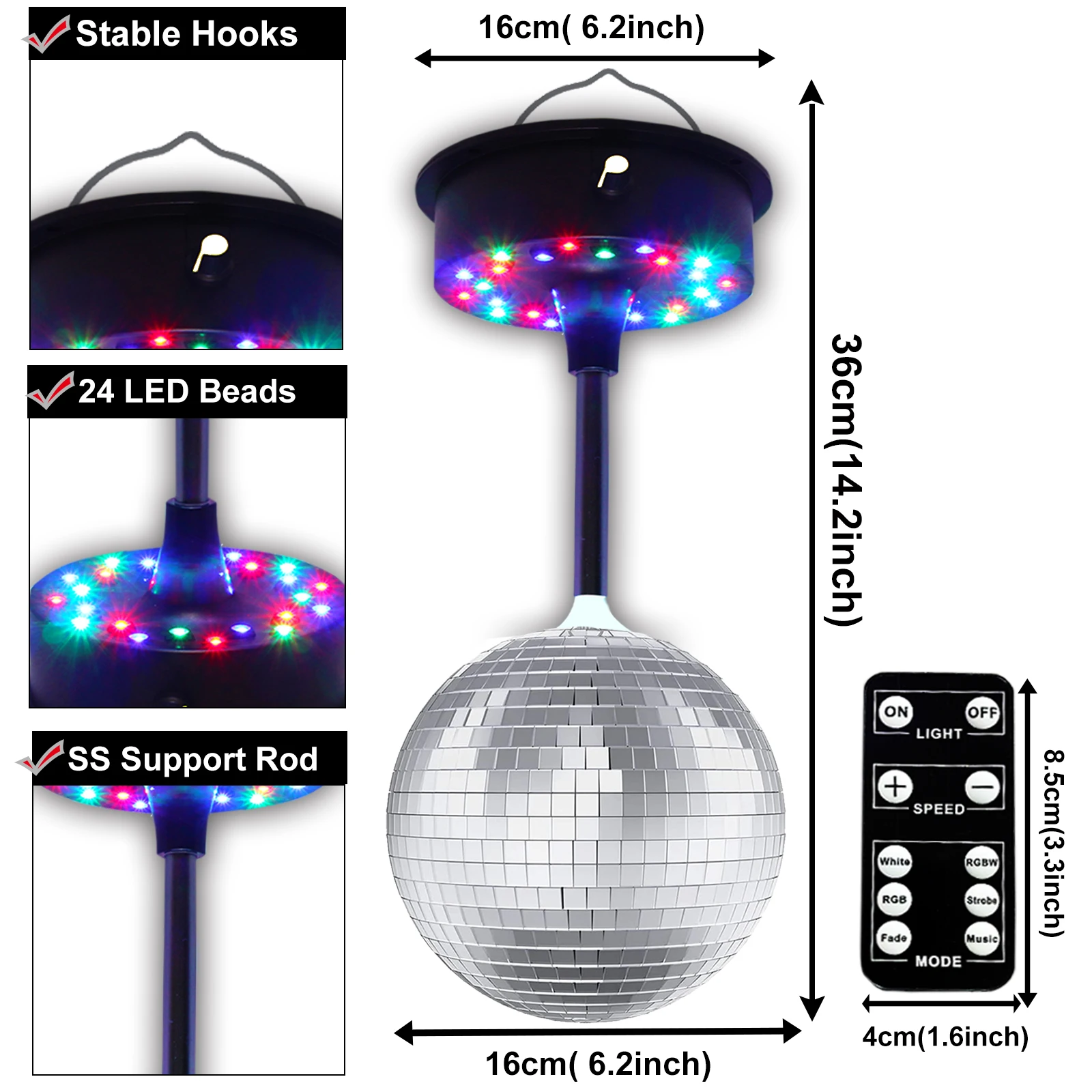 كرة مرايا مع جهاز تحكم عن بعد، 23 RGBW LED محرك دوار قابل للتعديل 5-10 دورة في الدقيقة مع كرة مرآة فضية 6 بوصة