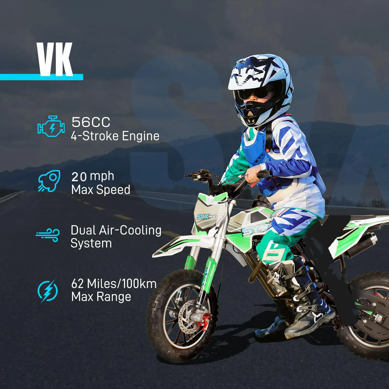 SYX MOTO 56cc Motocykl Crossowy dla Dzieci 4-Suwowy Benzynowy Mini Pit Bike Motocykl Terenowy Prezent dla Dzieci Motocykl Crossowy