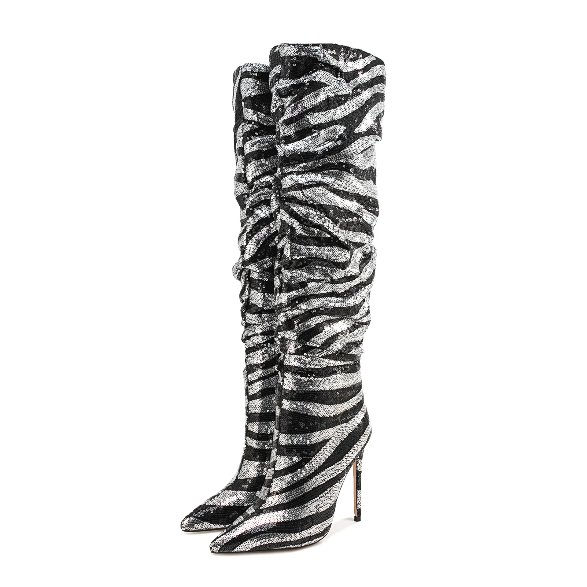 Leopard Sequined Cloth Pointed Toe Over-The-Knee Women Boots Stiletto High Heels Slip On Design Large Size Fold Shoes