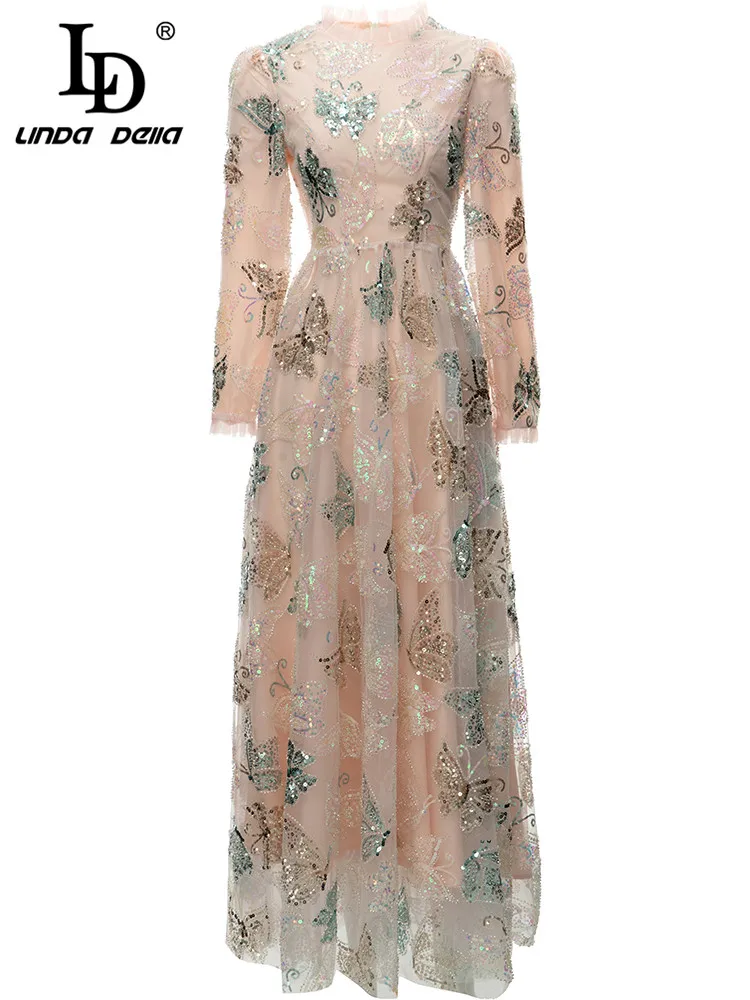 LD LINDA DELLA New 2023 Summer Fashion Women Party Elegant Long Dress Ruffled Collar Slim Mesh Bufferfly Sequins A-Line Dress