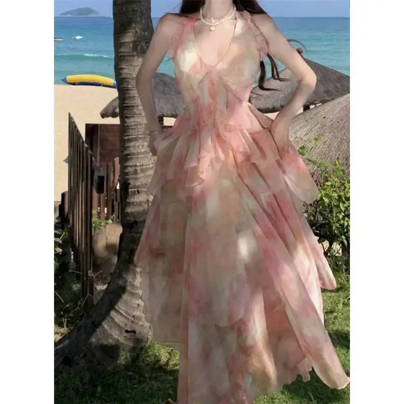 

Elegant Oil Painting Print Chiffon Dress Summer New Style Neckline Backless French Vintage Holiday Long Skirt Full Sleeve High C