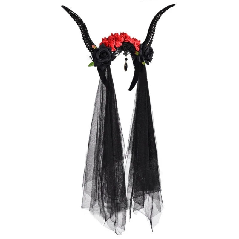 Gothic Sheep Horn Rose & Tulle Decorative Headband Devil Headpiece Halloween Headdress Headwear Cosplays Hair Accessory