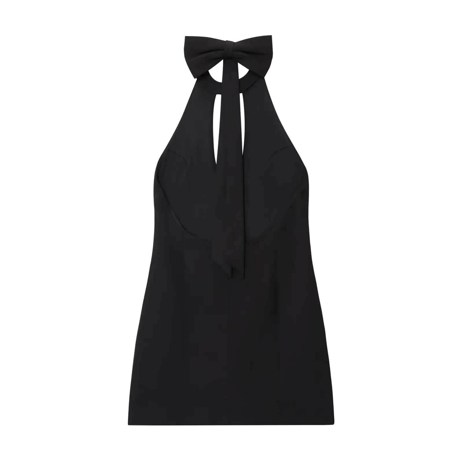 Gaun Mini Leher Halter Seksi Hitam Dekorasi Pita Punggung Terbuka Fashion Baru Wanita Gaun Wanita Tanpa Lengan Retro