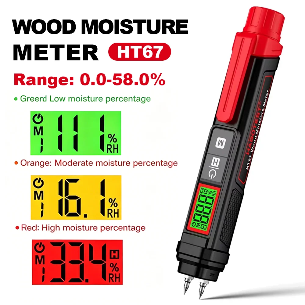 HT67 Digital Wood Moisture Meter Pin-Type Moisture Tester LCD Display Humidity Tester 0-58% Damp Detector for Wood Concrete