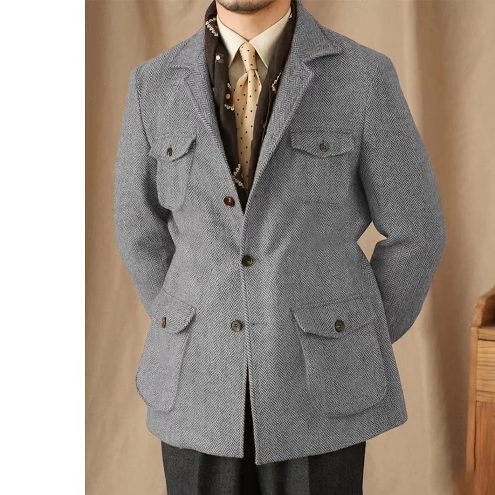 Men's Suits Vintage Herringbone Tweed Blazer British Wool Blend Double Breasted Lightweight Casual Sport Coat Formal Jacket