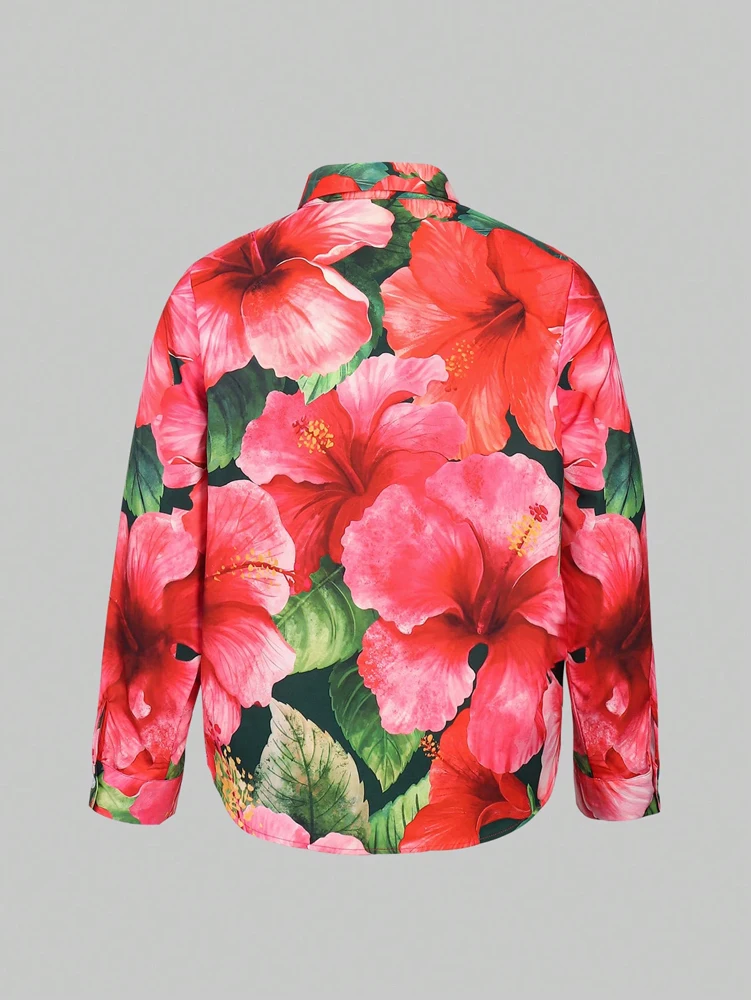 حجم كبير عادية فليب طوق التلبيب الربيع الصيف المرأة الأزهار قميص أعلى زر واحد قميص طوق عادية كل يوم