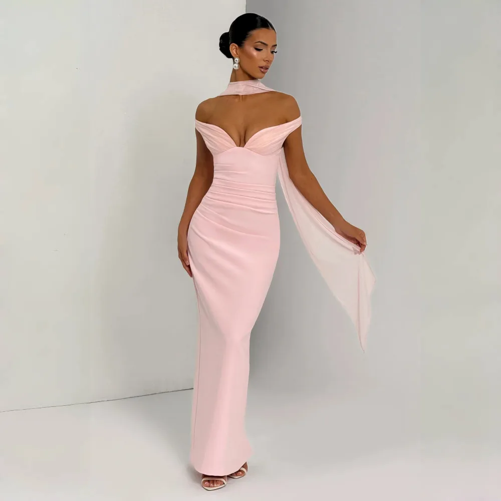 Apprabant Abito lungo da donna con scollo a V sexy con spalle scoperte Sciarpa in rete Nastro senza schienale Cut-Out Slim aderente Abito diviso Partywear