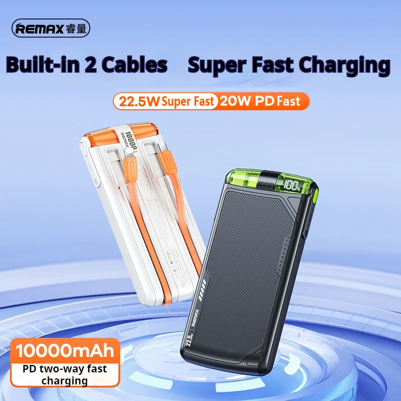 

REMAX Portable Charger Power Bank 10000mAh For iPhone 16 Pro MAX 15 14 12 Mini iPad Xiaomi Oneplus Samsung PowerBank with Cables