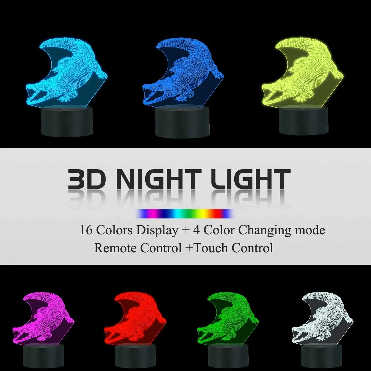 จระเข้ของขวัญ,3D จระเข้ Night Light สำหรับเด็กรีโมทคอนโทรล16สีเปลี่ยนหลอดไฟคริสต์มาสของขวัญวันเกิดสำหรับเด็ก