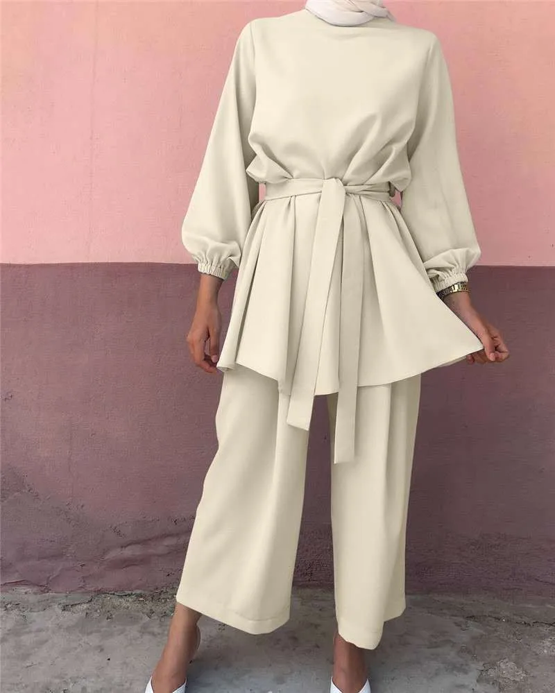 Women's Solid Color Long-sleeved Tops Nine-point Pants Set Loose Blouse Wide-leg Pants Two-piece Sets Elegant Belt Femalesuit