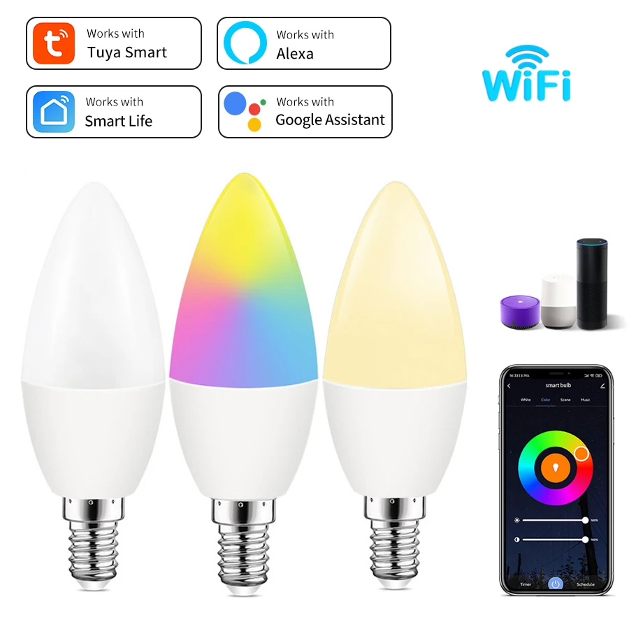 220V 5W 7W 9W Tuya Smart Wi-Fi LED Bulb E14 Candle Light Dimmable RGB Lamp Smart Life APP Control Works with Alexa Google Home