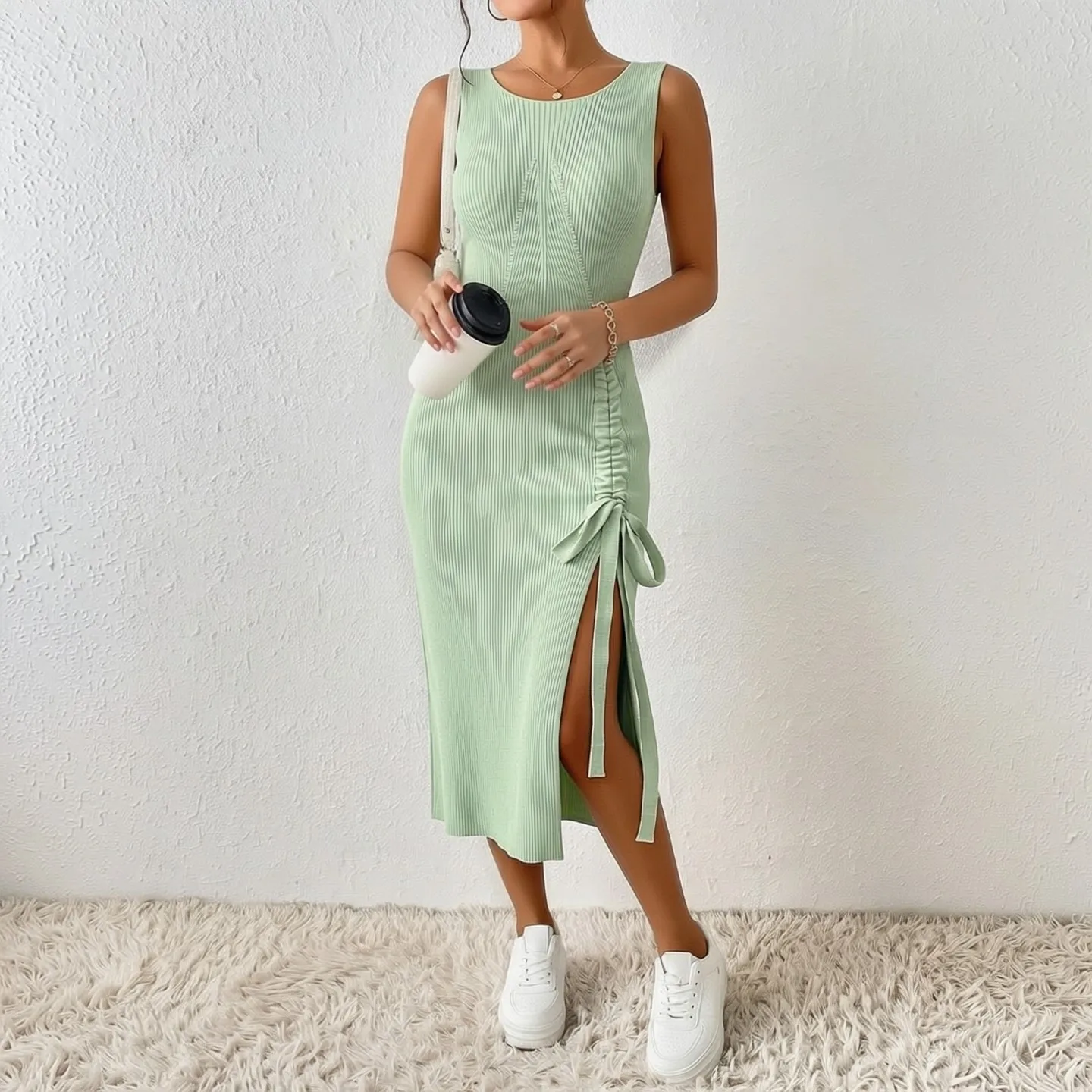 YuooMuoo Schickes, modisches, sexy Wickelkleid mit Hüftschlitz, gestrickt, Frühlings- und Sommerstil, ärmellos, schmal geschnitten, figurbetont, Partykleid, Damen-Streetwear