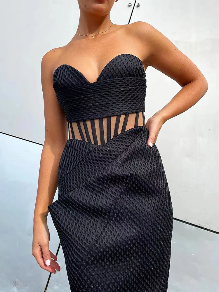 

Summer Sexy Strapless Long Dresses for Women 2022 Elegant Mesh Patchwork Hollow Out Bodycon Celebrity Evening Party Dress Club