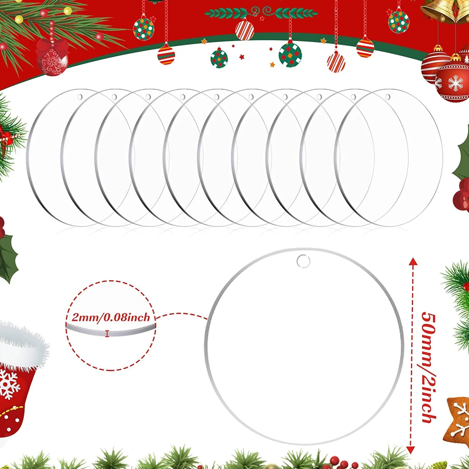 Acrylic Blanks 2 Inch,Clear Circle Acrylic Sheet with Hole,Round Disc for Cricut DIY Keychain and Craft Project,Christmas Gift