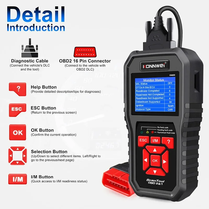 KONNWEI KW850 OBD2 Car Diagnostic Scanner Tools OBD 2 Auto Diagnostic Tool Check Engine Automotive Car Scanner Code Reader