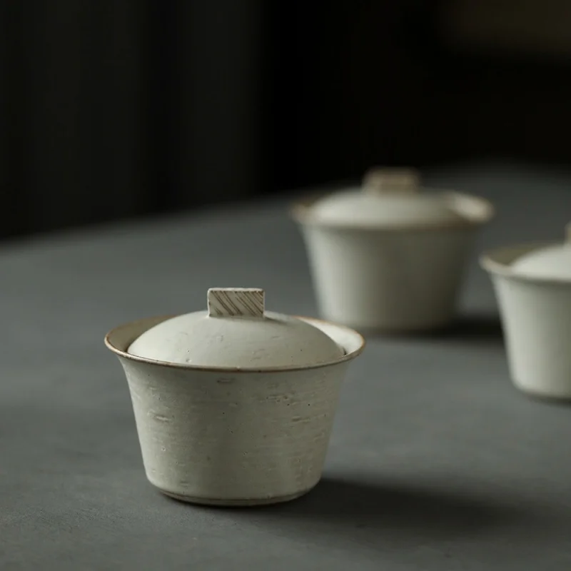 ★Jingdezhen Porcelain Gaiwan Stoneware Powder Cover Bowl Grass and Wood Gray Glaze Cover Bowl Snow Walking Series Gaiwan Pot