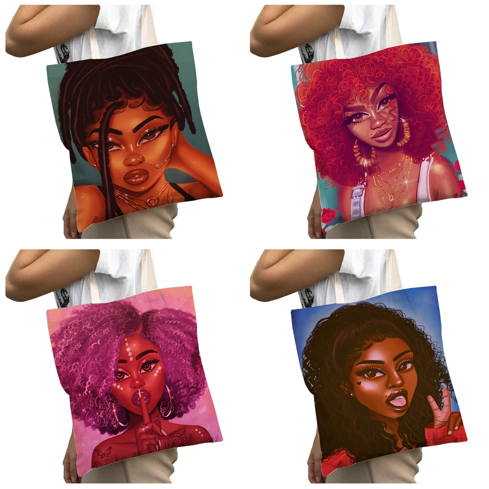 Borsa per la spesa Casual per ragazza africana per le donne bella borsa a mano in tela di moda nera borsa Shopper da donna di grande capacità