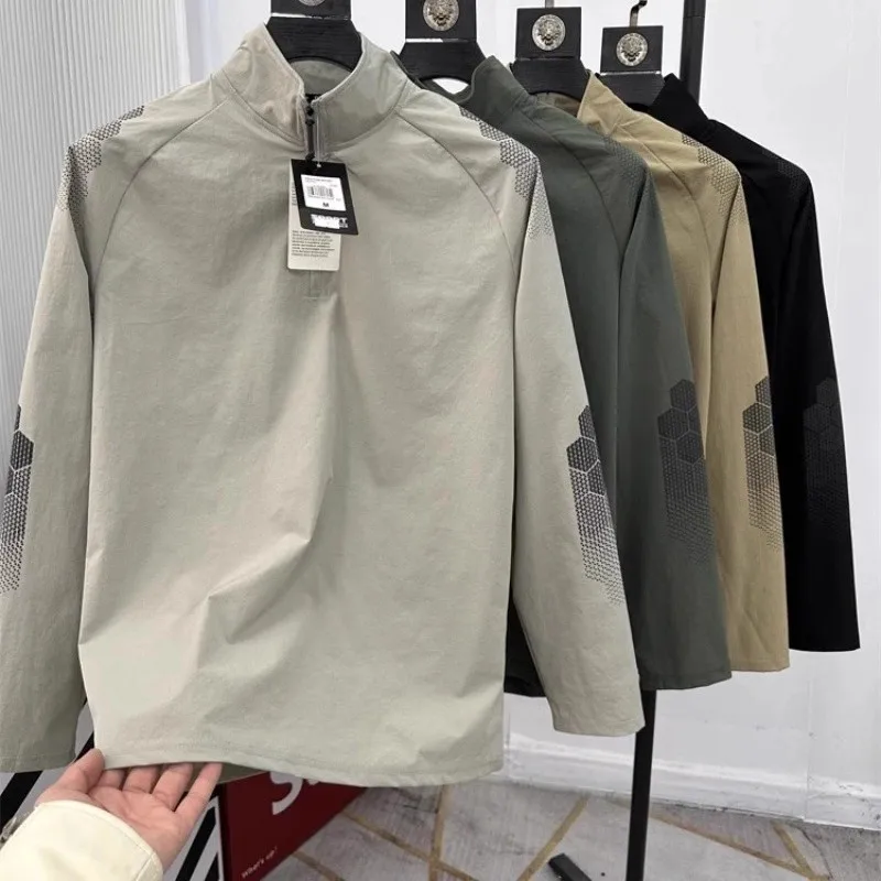 

Large Size Outdoor Sports Top Men's Spring Autumn Qui Dry Breathable Stand Collar Long Sve T-irt f Zipper Trendy