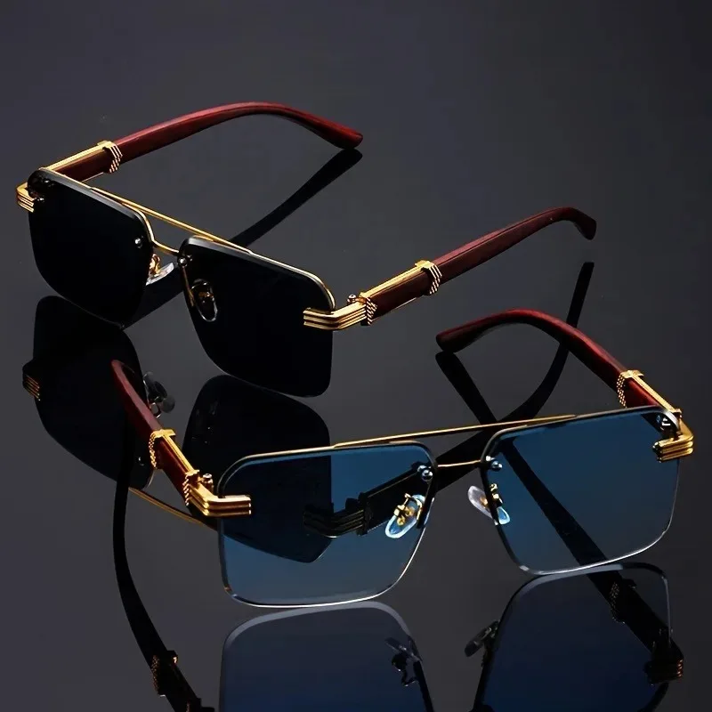 Women's Frameless Double Beam Fashion Sunglasses Golden Border Wood Grain Bracket for Male and Female Drivers Black Eyeglasses