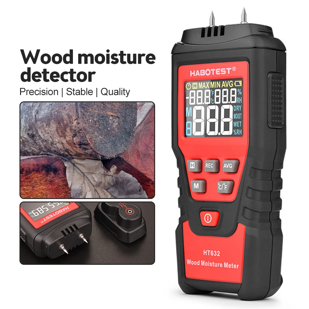 HABOTEST HT632 Wood Moisture Meter Wall Water Tester Digital Humidity Meter Two Pins Hygrometer Concrete Cement Brick Detector