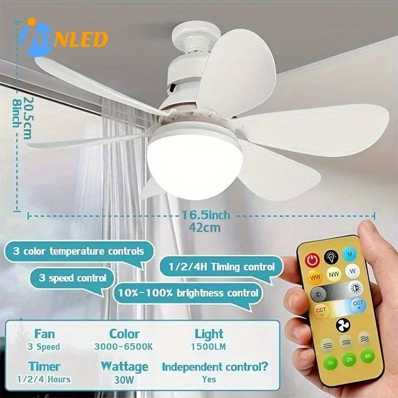 

30W/40W 3 Speeds Socket Light with Fan White/Multicolored Ceiling Fan Light with Remote E26 Base in Ceiling Fan with for Bedroom