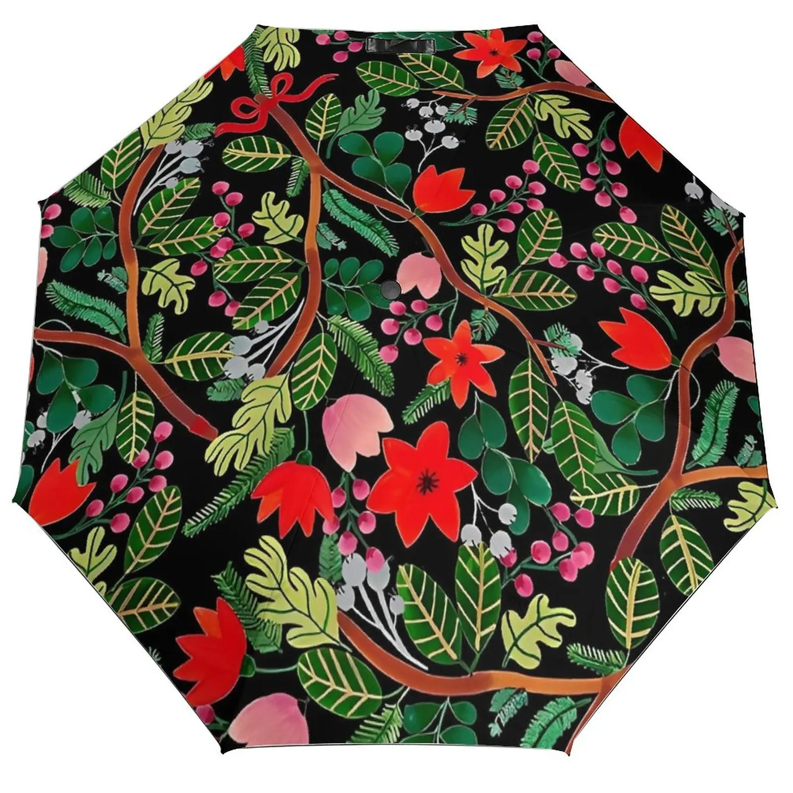 Christmas Floral Pattern Black Umbrella  Cool Portable Umbrella Art Travel Windshield Auto Umbrella