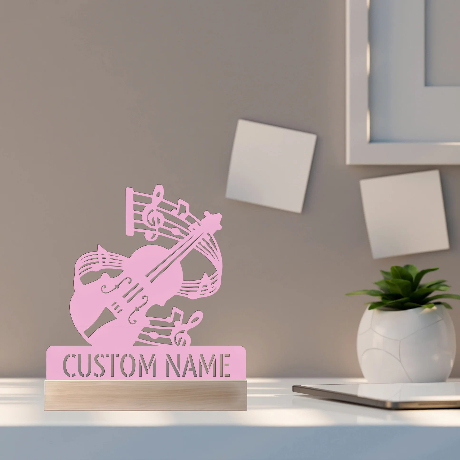 

1pc Modern violin music notes Customizable Name Metal Statue With Wood Base Metal Ornament Metal Sculpture Handicraft With Wood