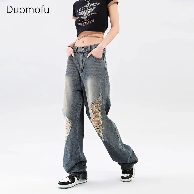 Duomofu American Basic High Waist Slim Vintage Women Jeans New Chicly Hollow Out Loose Simple Casual Fashion Autumn Female Jeans