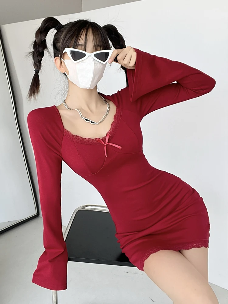 

Sexy Long Sve Fce Lined Wrap around Dr Lace Trim VU Ne Slim Fit Autumn Winter Dr Single Piece Other Material