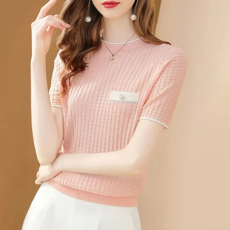 الحرير الجليد قصيرة الأكمام تي شيرت محبوك سترة المرأة الصيف جديد جولة الرقبة قاعدة سترة