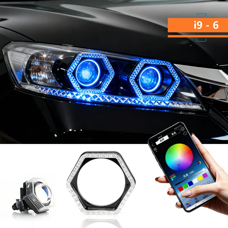 

1 пара 5D RGB LED-кольцевых фар Angel Eyes с прямоугольными DRL-накладками и указателями поворота, управление через приложение, для автомобильных фар