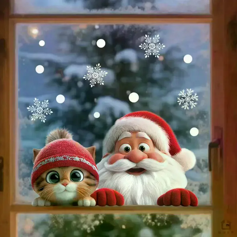 Christmas Window Clings With Cute Santa Cat Snowflake Pattern Removable Self Adhesive For Home Shop Xmas Decoration