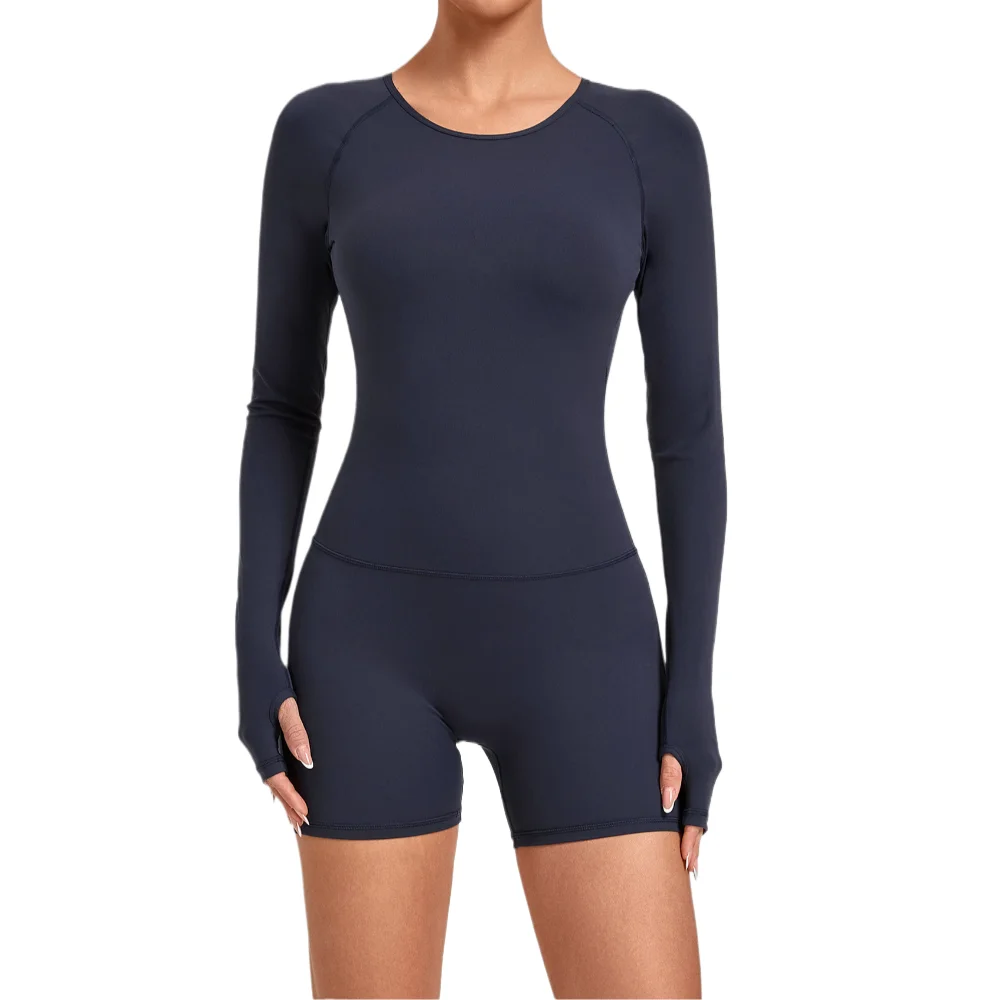 Women Back Cutout Long Sleeve Yoga Jumpsuit Thumb Hole Stretch Short Bodysuit Gym Pilates Running Sport Activewear Multi Color