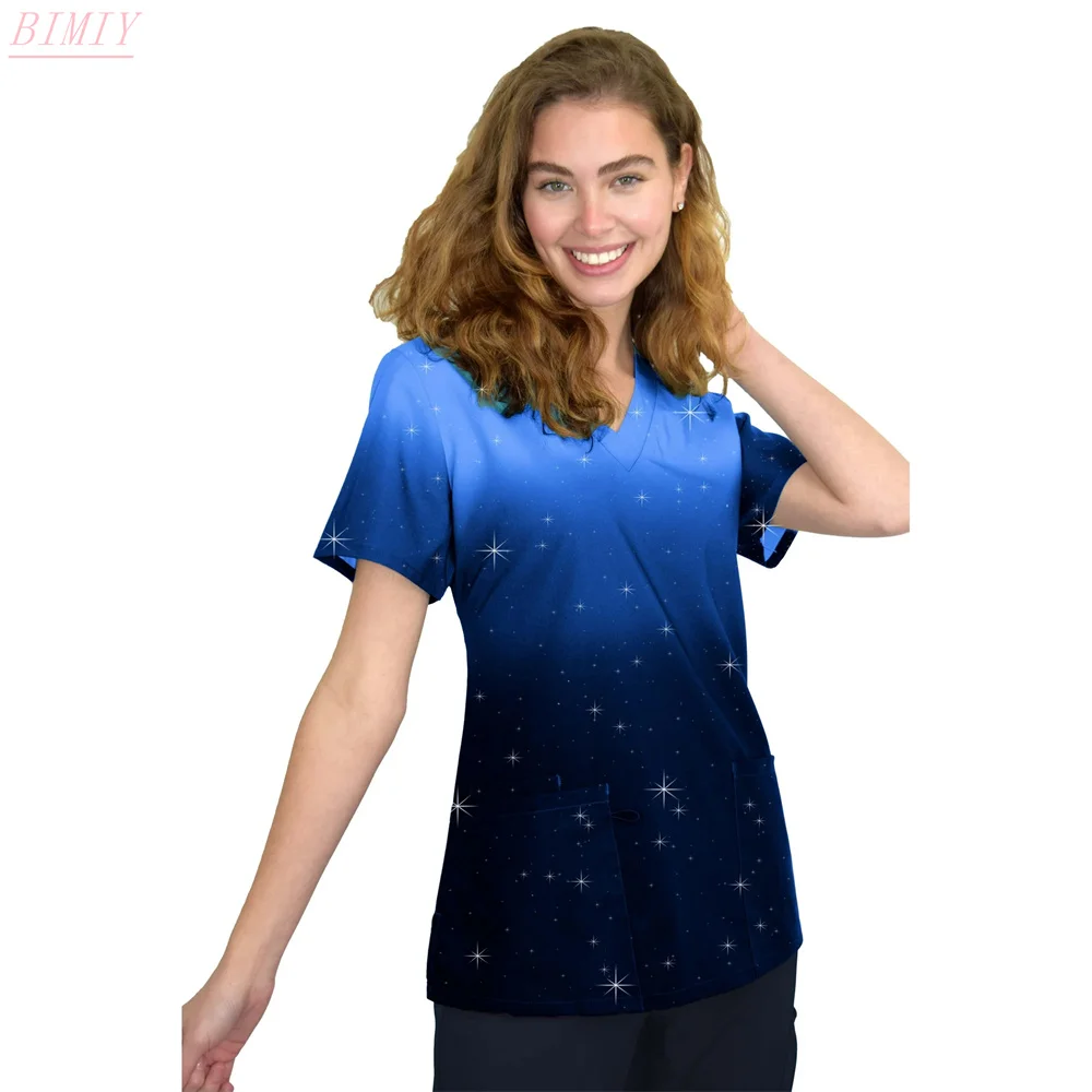 Effen Kleur Pailletten Verpleegster Uniform Print Top V-hals Zak Medische Uniformen Verpleging Scrubs Tops Werkkleding uniforme enfermera