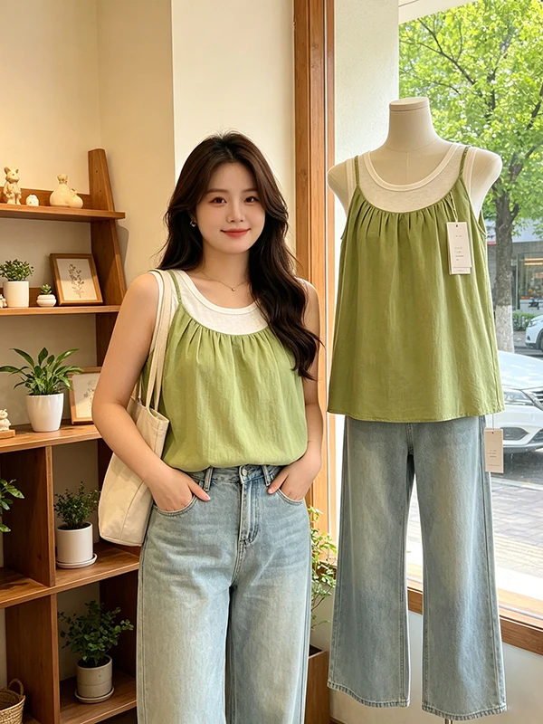 

Summer 2026 plus Size Fashionable Two-Piece Set Women's Camisole Tank Top round Neck Vest Inner Wear Outerwear Ensemble