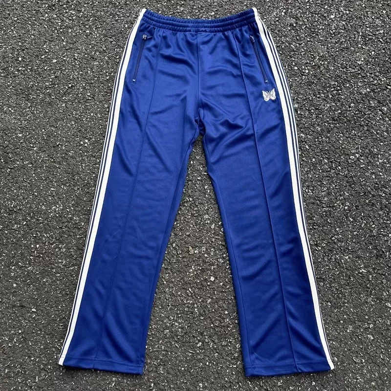 

25ss Butterfly Embroidery Blue Sweatpants Men Women 1:1 Best Quality Striped Straight Pants Oversized Tracksuit Set