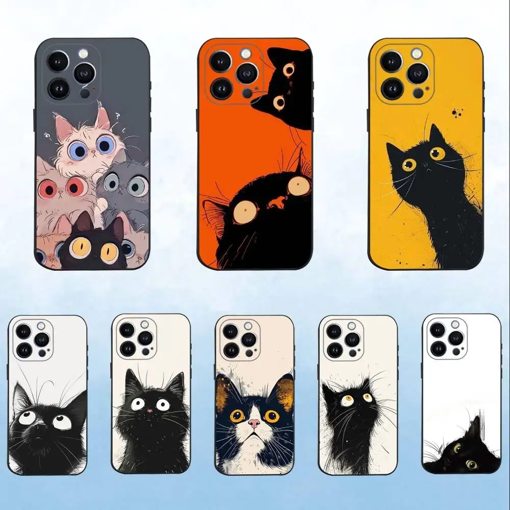 

Cute Cartoon Cat Illustration Phone Case For iPhone 16,15,14,13,12,11 Plus,Pro Max,XS,X,XR,SE,Mini,8,7,Soft Silicone Black Cover