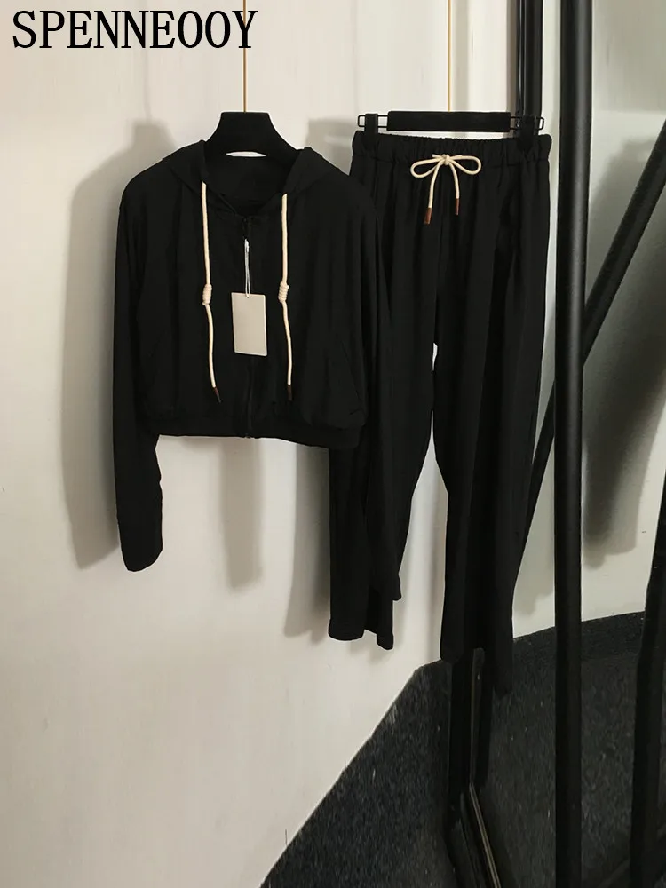 

SPENNEOOY Fashion Runway Autumn Black Casual Trousers Suit Women's Hooded Loose Long Sleeve Coat + Drawstring Waist Pencil Pants