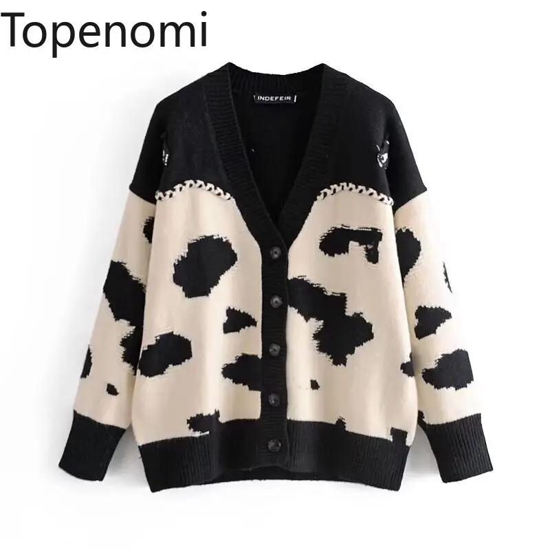 Topenomi Vintage Animal Printed Sweater Cardigan Woemn V Neck Casual Loose Patchwork Knitted Coat Autumn Winter Fashion Jumper