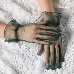 Guantes cortos Retro de tul para primavera y verano para mujer, guantes de boda blancos y negros, manoplas con dedos completos de encaje elástico, guantes translúcidos de malla