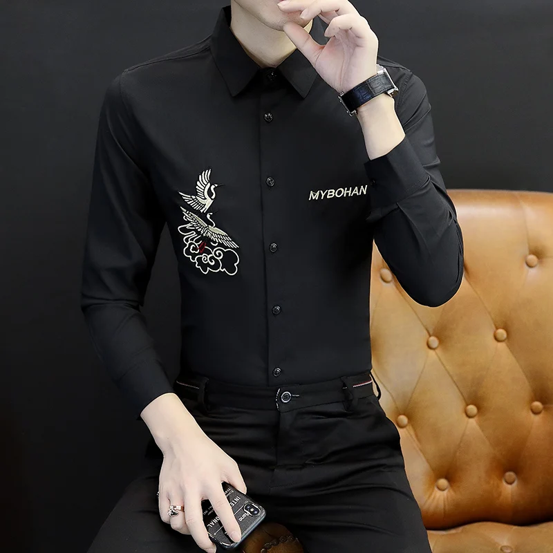 Embroidered Crane Letter Chinese Style Long Sleeve Shirts For Men Autumn New Top Quality Soft Comfortable Slim Fit Chemise Homme