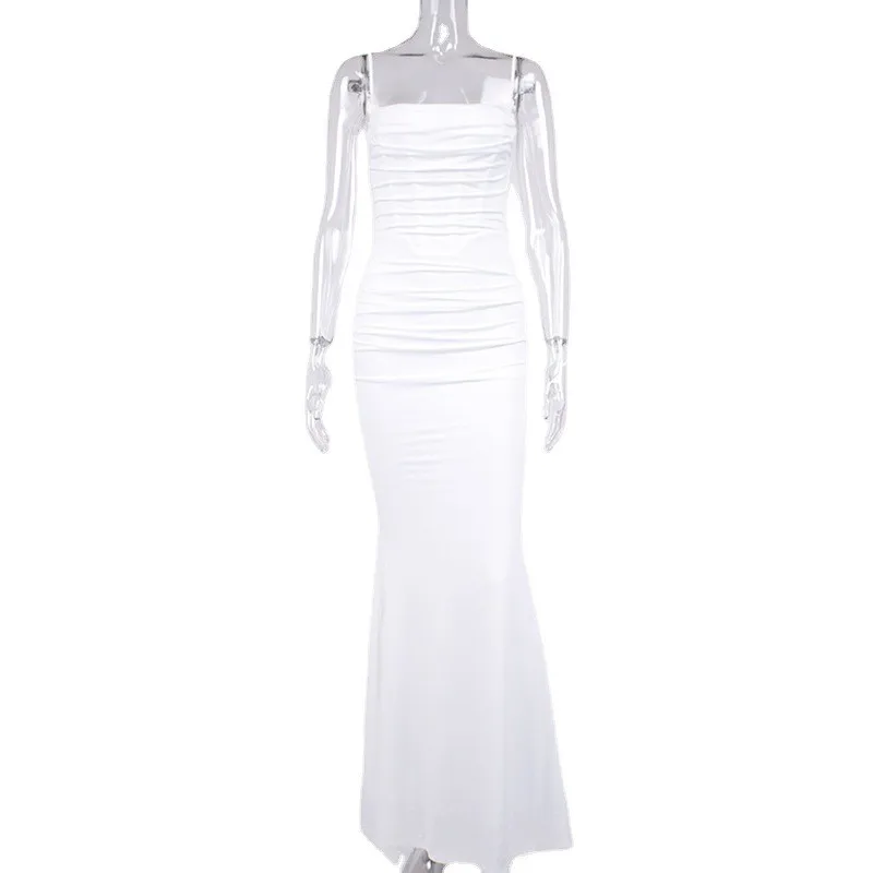 Pleated Summer Wedding Guest Dress: Bodycon Cowl Neck Backless Spaghetti Strap High Waist Elegant Party Dress for Wedding