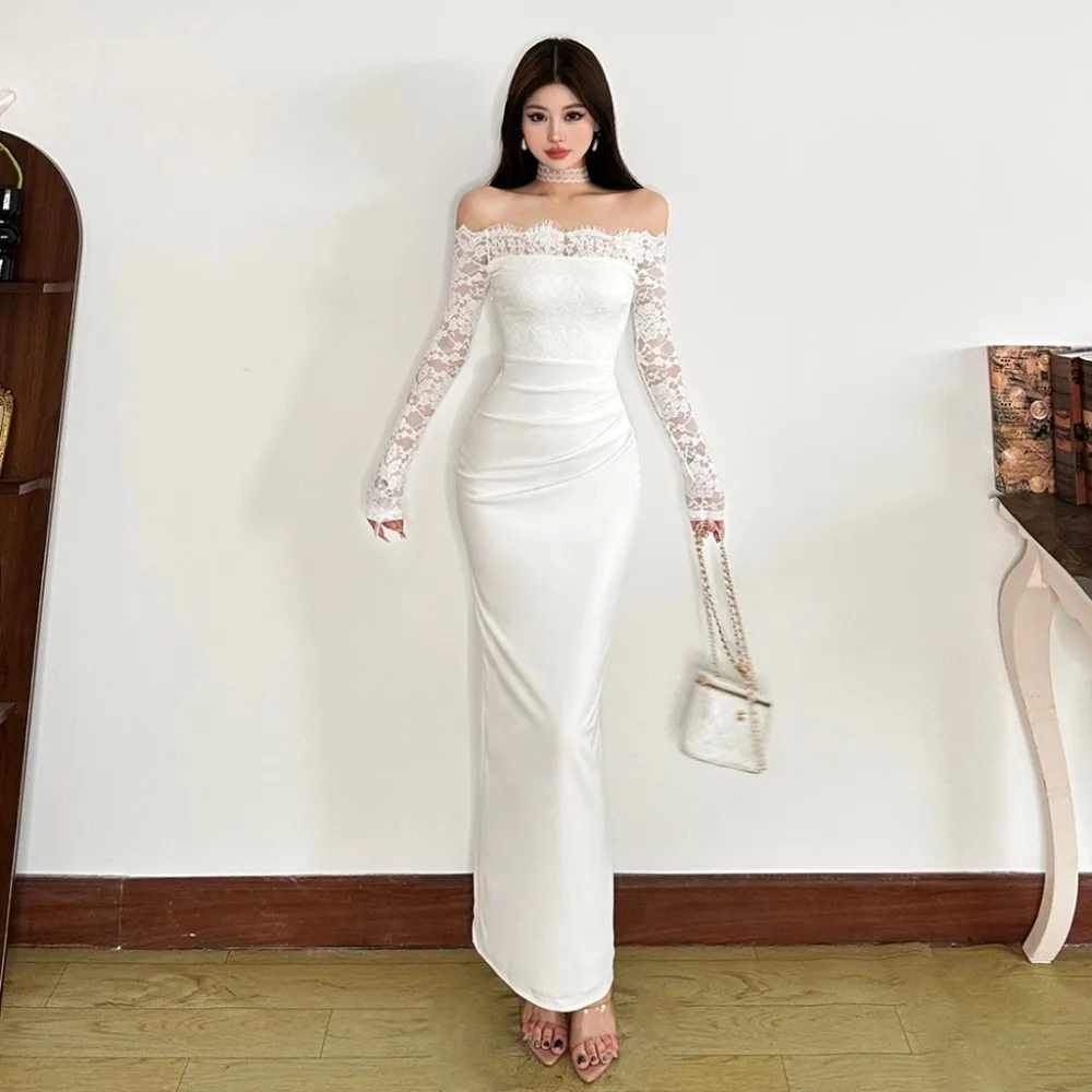 SylCue Abiti lunghi patchwork in pizzo Donna Autunno Nuovo stile Slash Neck Manica intera Serata Prom Party Abiti skinny moda sexy