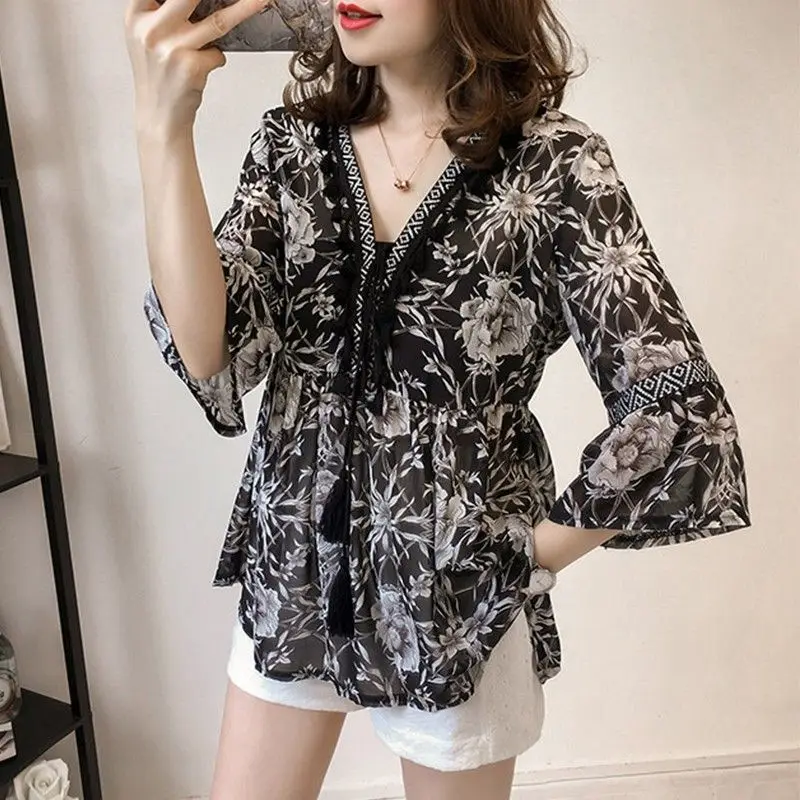 

Vintage Printed Spliced Tassel Floral Flare Sleeve Blouse Women's Clothing 2023 Summer New Oversized Casual Tops Commuter Shirt